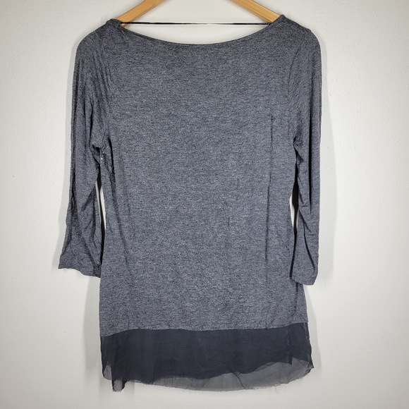Belldini Gray Silver Studded Bling Top 3/4 Sleeves Sheer Raw Hem Small - Picture 7 of 8